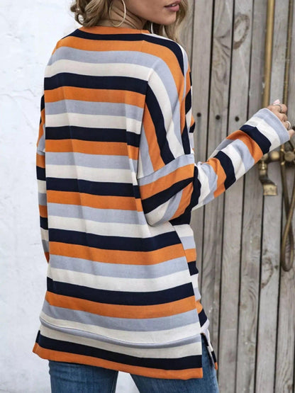 Full Size Casual Striped Long Sleeve Crew Neck Top Plus Size Luxe Curves Plus Size Fashion