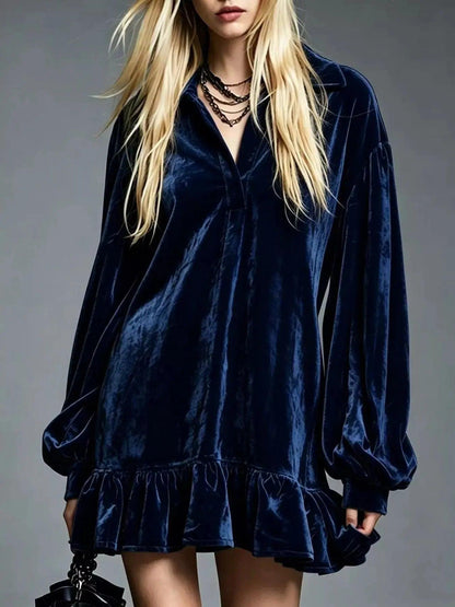 Full Size Velvet Ruffled Hem Long Sleeve Dress Plus Size Luxe Curves Plus Size Fashion