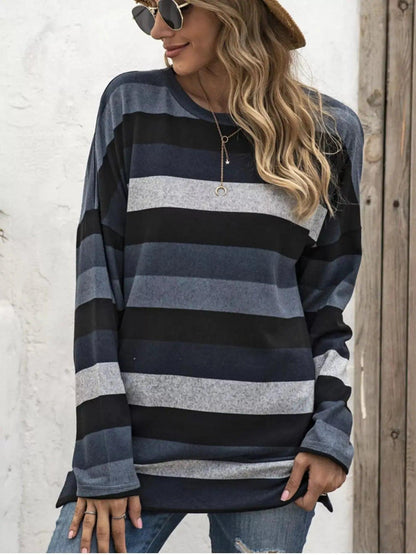 Full Size Casual Striped Long Sleeve Crew Neck Top Plus Size Luxe Curves Plus Size Fashion