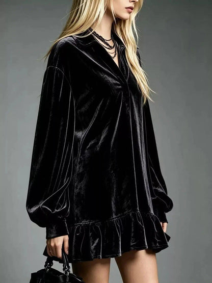 Full Size Velvet Ruffled Hem Long Sleeve Dress Plus Size Luxe Curves Plus Size Fashion