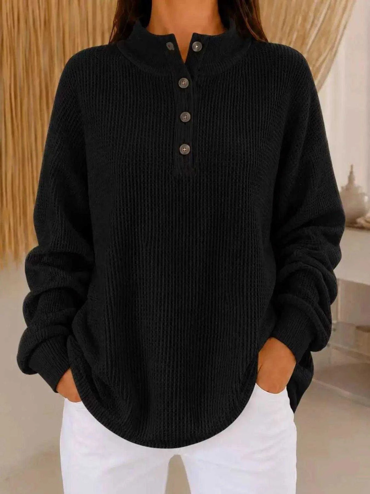 Full Size Waffle Knit Button Detail Sweatshirt Plus Size Luxe Curves Plus Size Fashion