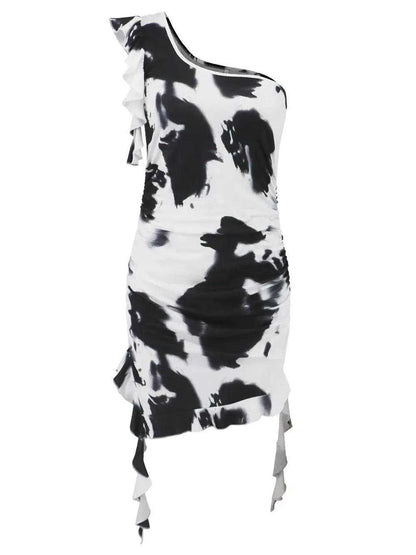 Ruffled Tie-Dye Single Shoulder Mini Dress Luxe Curves Plus Size Fashion
