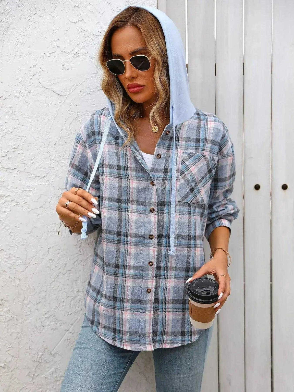 Plaid Button-Up Hooded Shirt with Chest Pocket Luxe Curves Plus Size Fashion