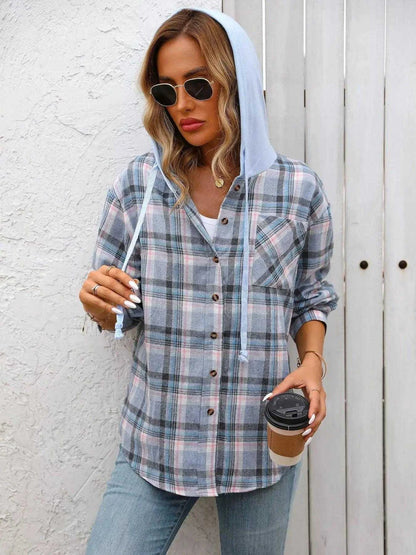 Plaid Button-Up Hooded Shirt with Chest Pocket Luxe Curves Plus Size Fashion