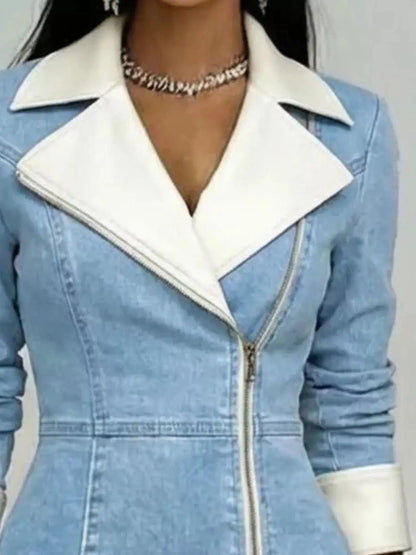 Full Size Contrast Lapel Zip-Front Denim Dress Plus Size Luxe Curves Plus Size Fashion