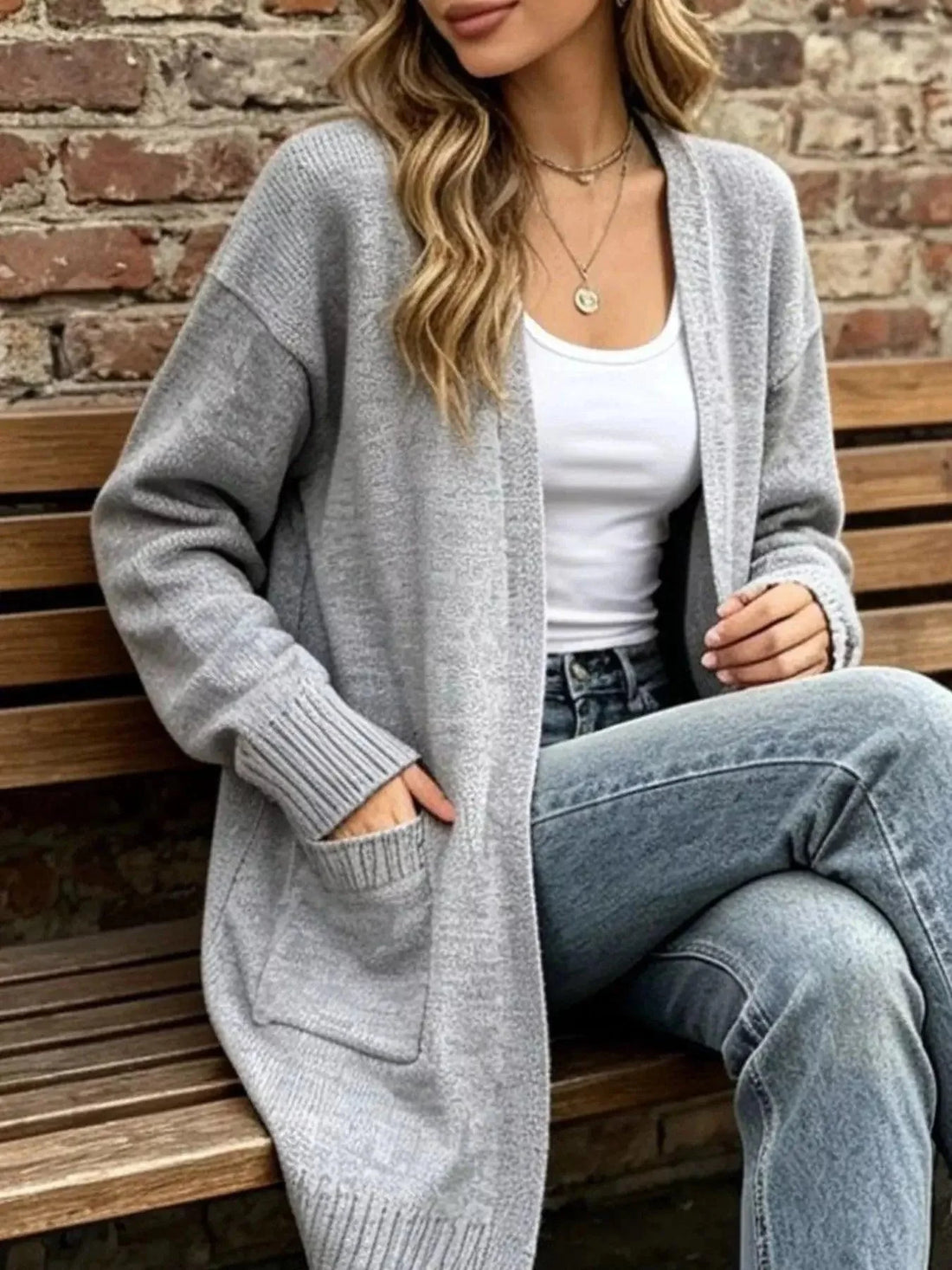 Full Size Open-Front gray knit cardigan with long sleeves, ribbed cuffs, and spacious front pockets