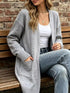 Full Size Open-Front gray knit cardigan with long sleeves, ribbed cuffs, and spacious front pockets