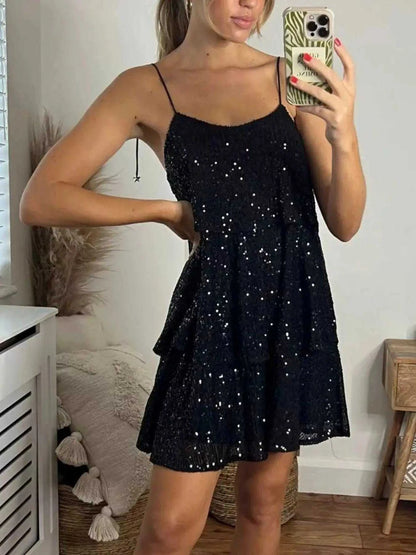 Full Size Sequin Tie Shoulder Mini Dress Plus Size Luxe Curves Plus Size Fashion