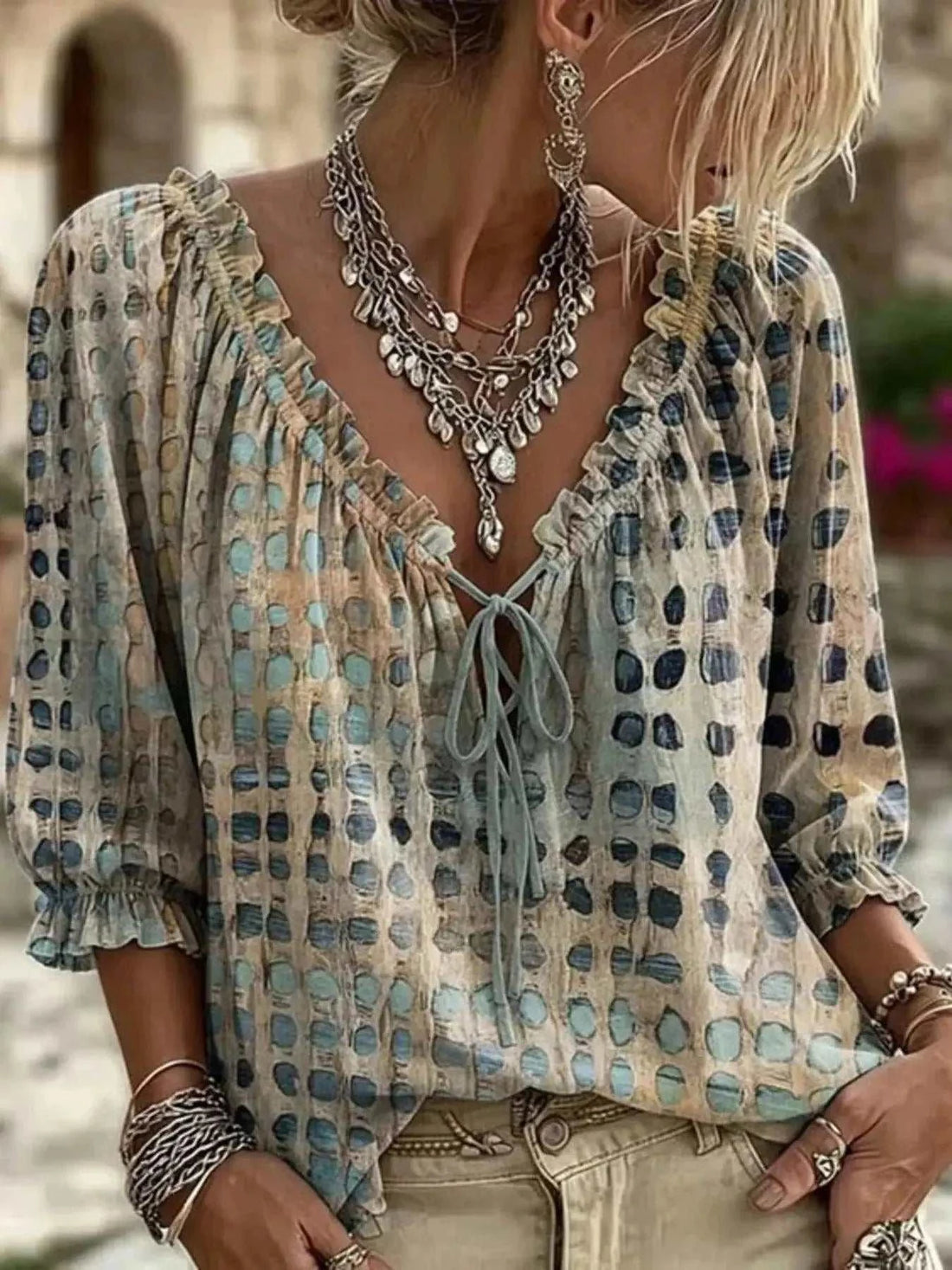 Full Size Tie Neck blouse in beige polyester with blue geometric print, ruffled 3/4 sleeves and front tie detail