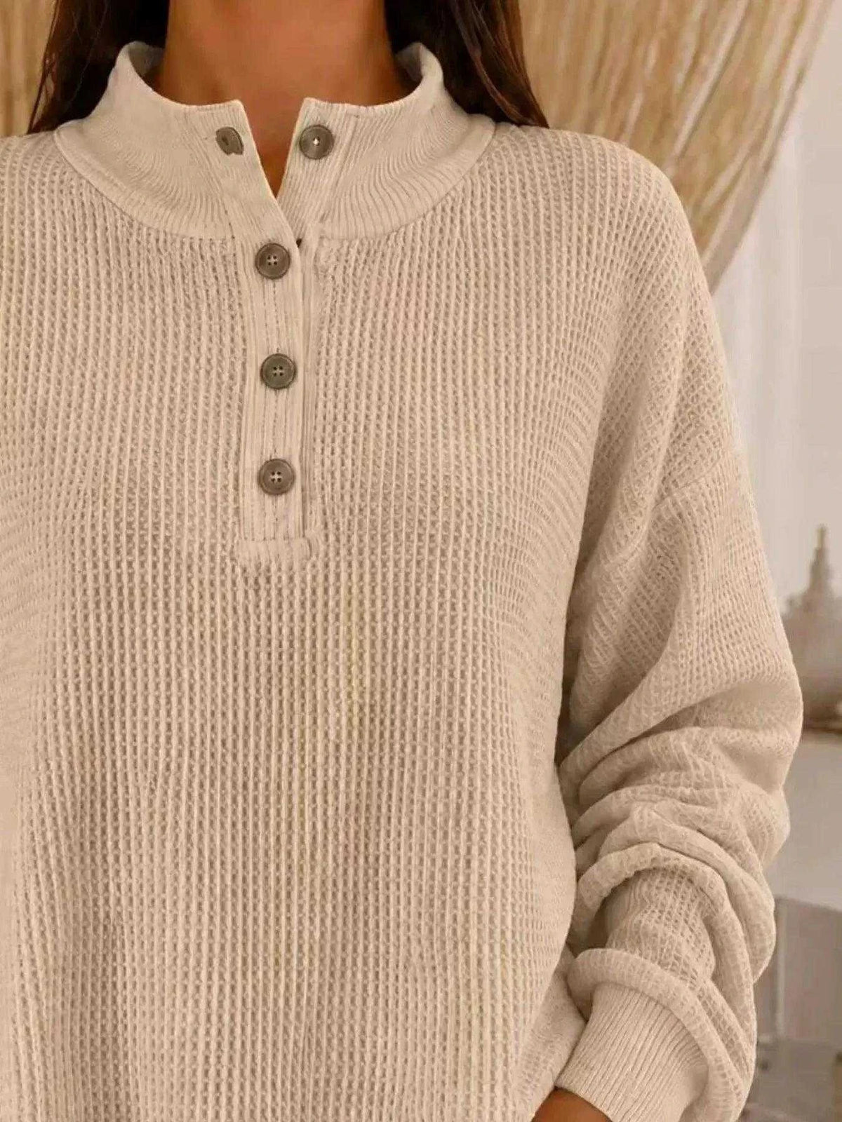 Full Size Waffle Knit Button Detail Sweatshirt Plus Size Luxe Curves Plus Size Fashion