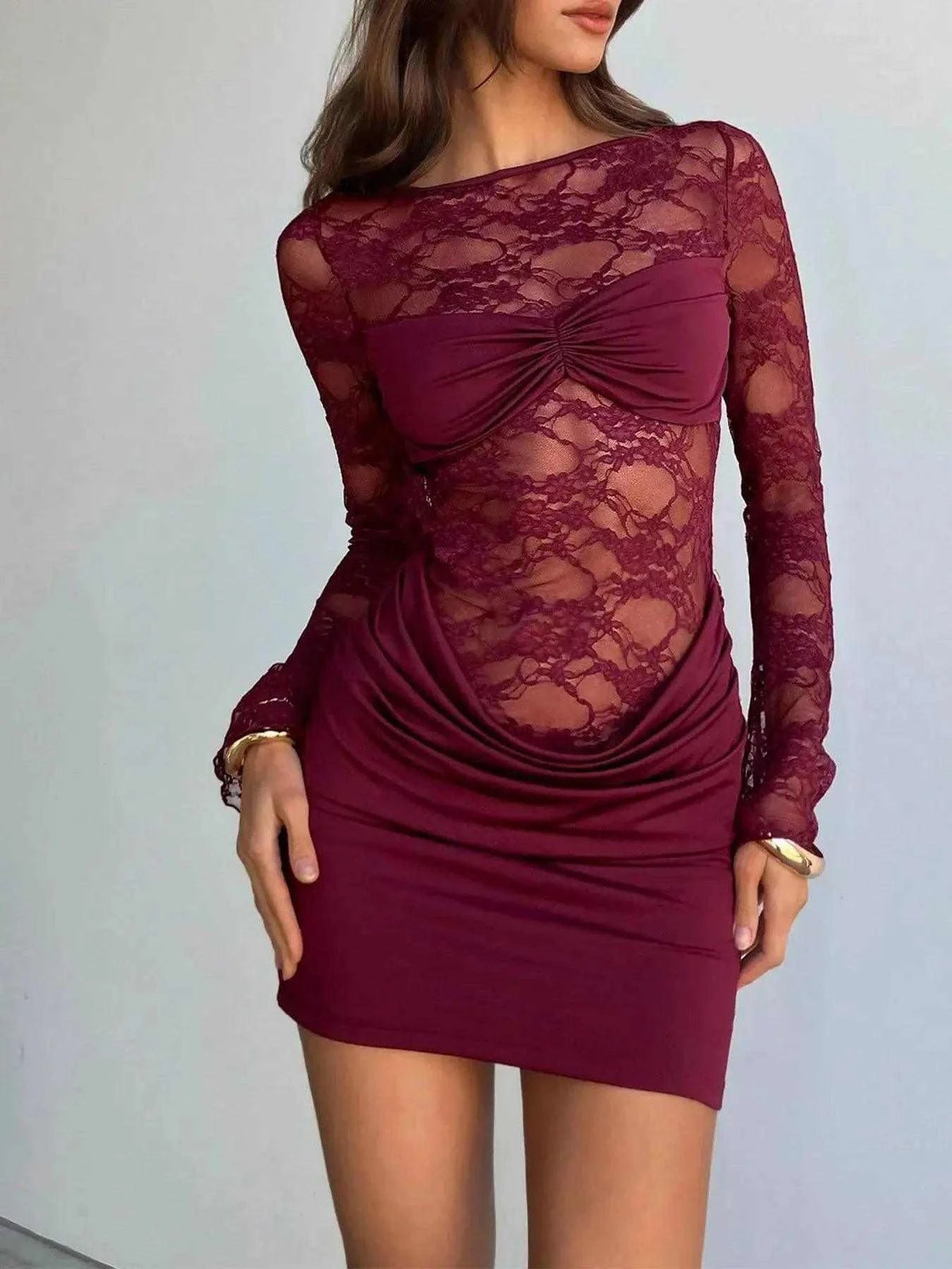 Lace Sheer Cutout Back Long Sleeve Ruched Dress Luxe Curves Plus Size Fashion