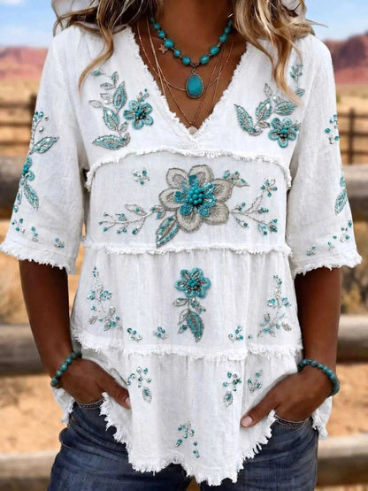 Full Size Floral Raw Hem V-Neck Blouse Plus Size Luxe Curves Plus Size Fashion
