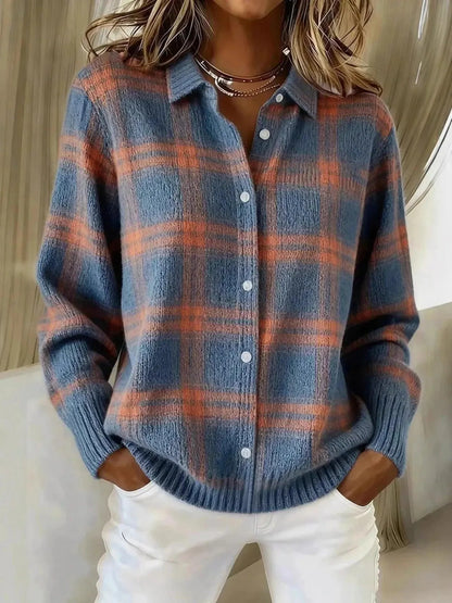 Full Size Plaid cardigan in blue and orange knit, with ribbed cuffs, hem, collar, and button-down front