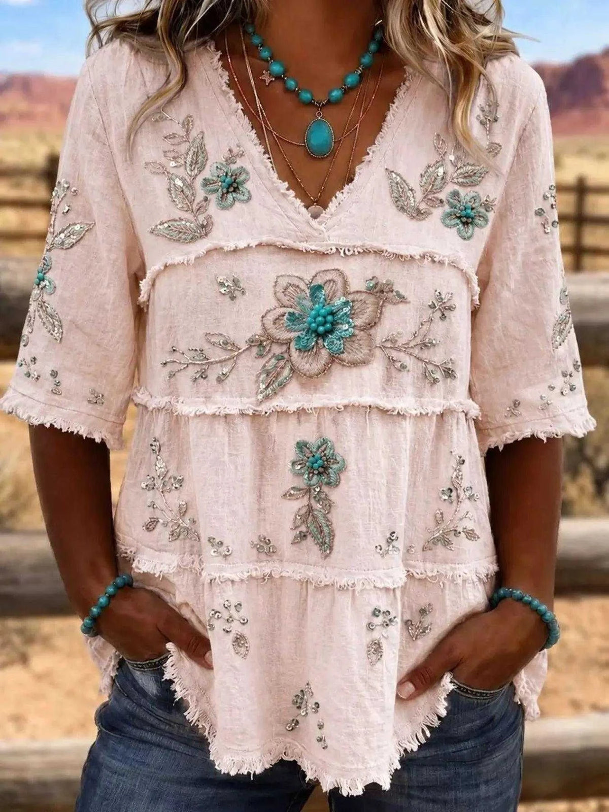 Full Size Floral Raw Hem V-Neck Blouse Plus Size Luxe Curves Plus Size Fashion
