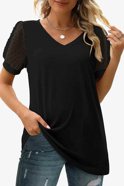 Swiss Dot Puff Sleeve V-Neck Tee Luxe Curves Plus Size Fashion