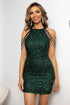 Sequin Round Neck Dress in dark green, covered in shimmering sequins with draped shoulder strap details and mini length