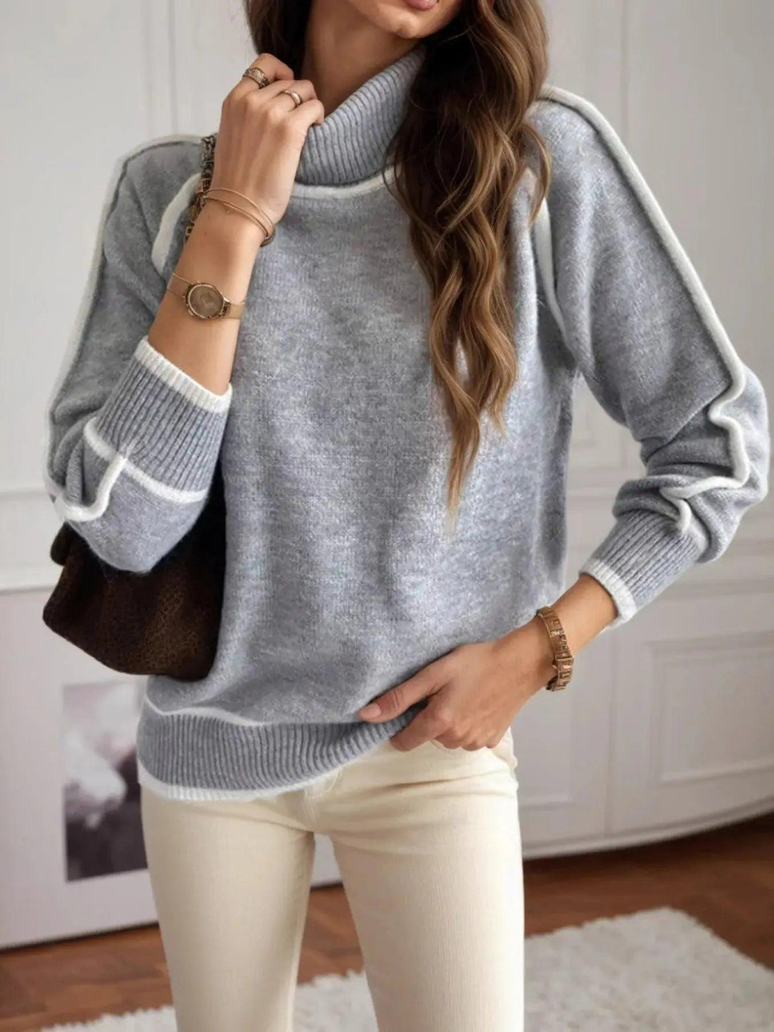 Turtleneck Contrast Trim Sweater with Ribbed Details Luxe Curves Plus Size Fashion