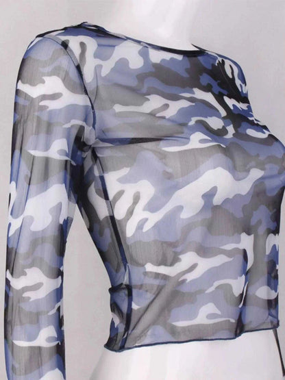 Camouflage Mesh Long Sleeve T-Shirt Luxe Curves Plus Size Fashion