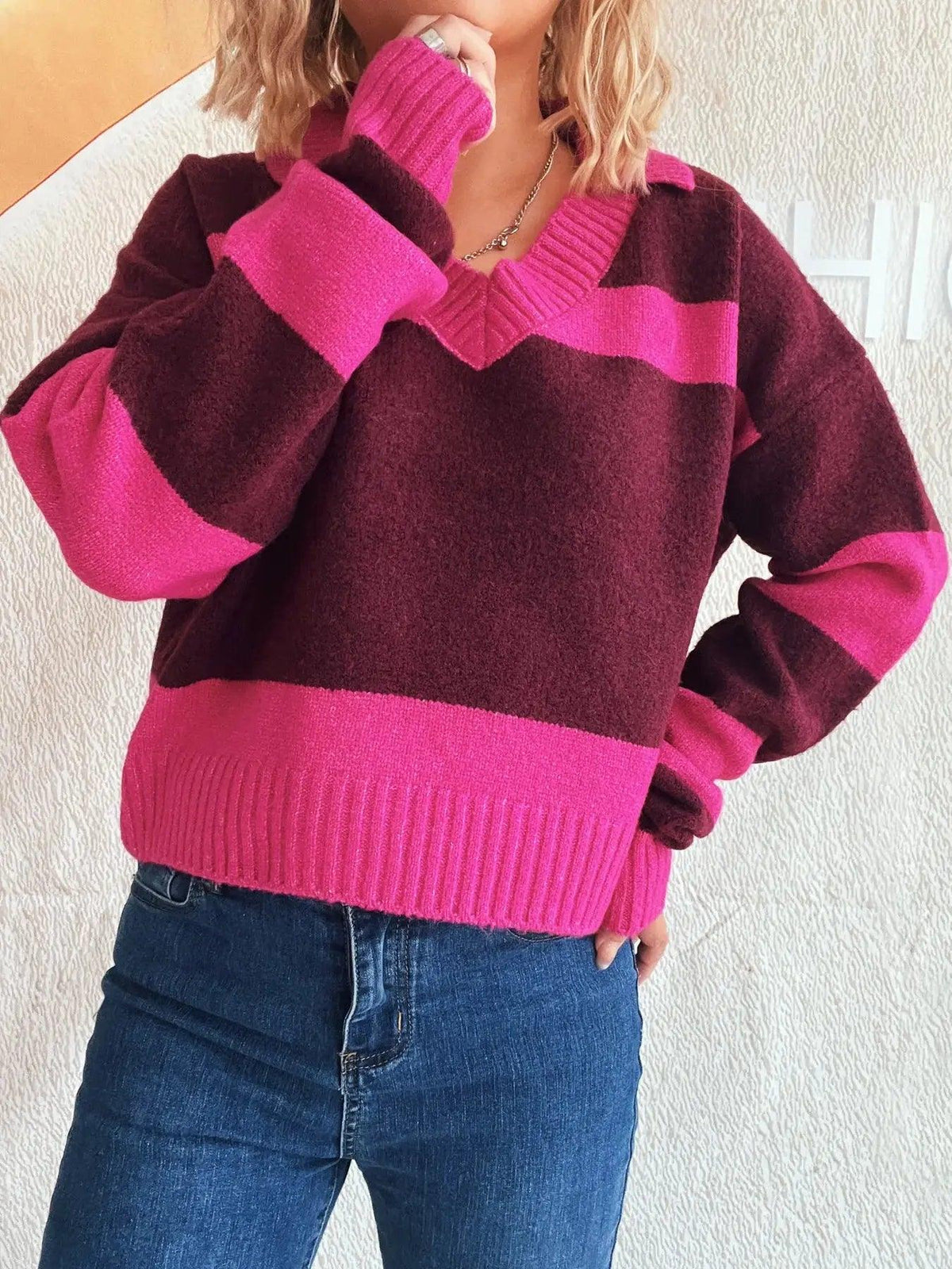 Color Block Long Sleeve Sweater Luxe Curves Plus Size Fashion