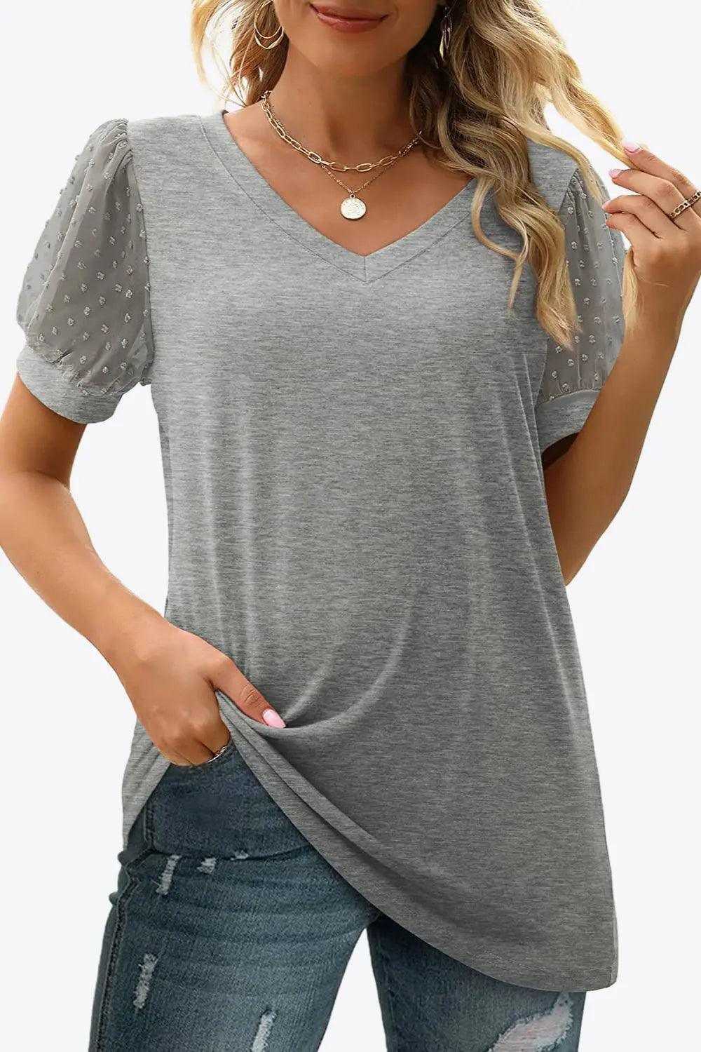 Swiss Dot Puff Sleeve V-Neck Tee Luxe Curves Plus Size Fashion
