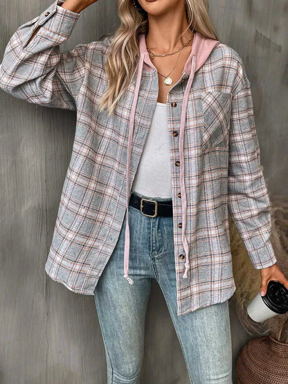 Plaid Button-Up Hooded Shirt with Chest Pocket Luxe Curves Plus Size Fashion