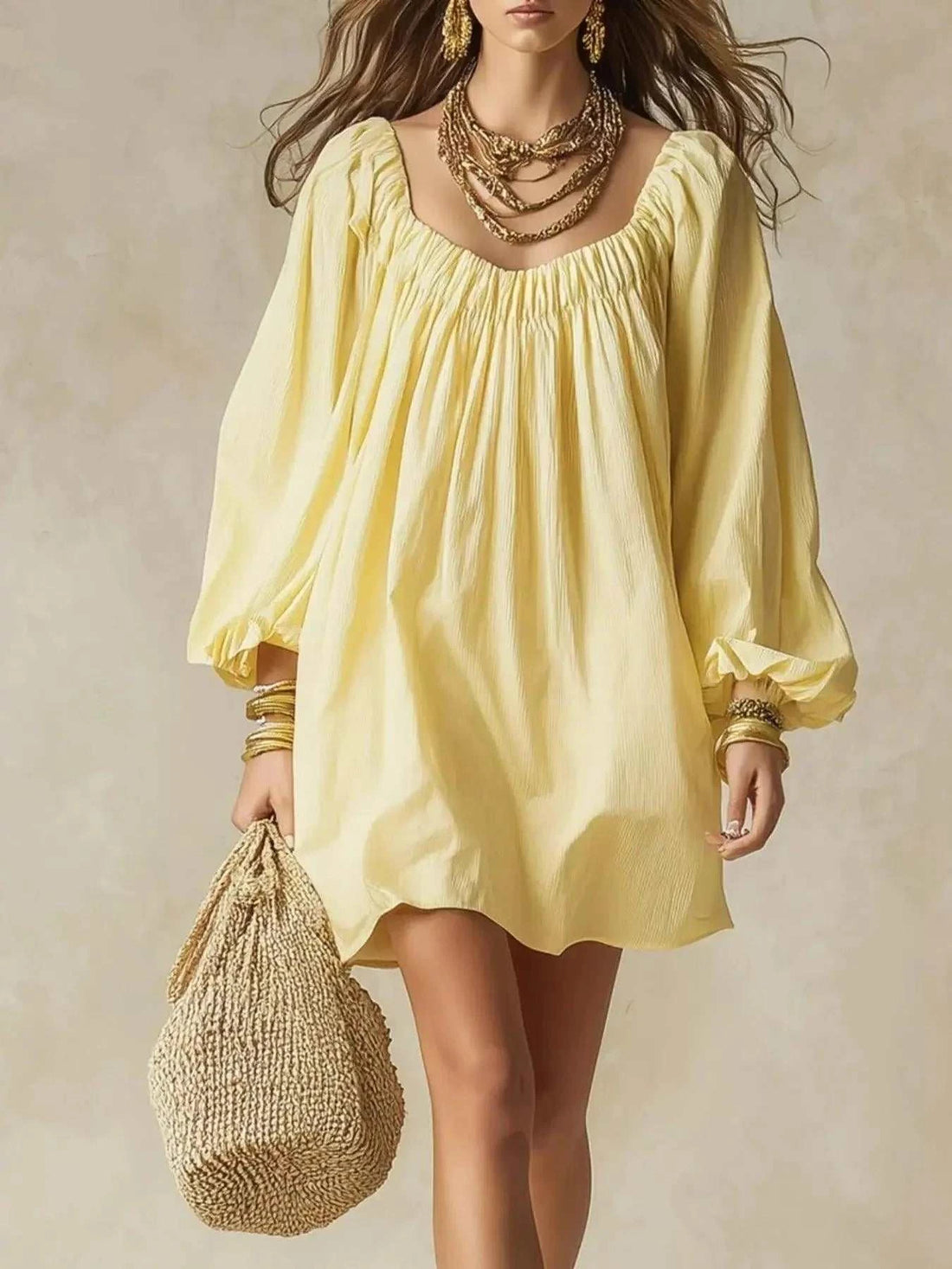 Flowy Balloon Sleeve Mini Dress in pale yellow polyester with ruched neckline and voluminous long sleeves