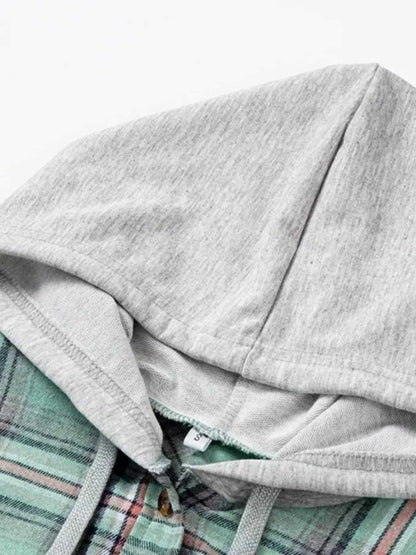 Plaid Button-Up Hooded Shirt with Chest Pocket Luxe Curves Plus Size Fashion