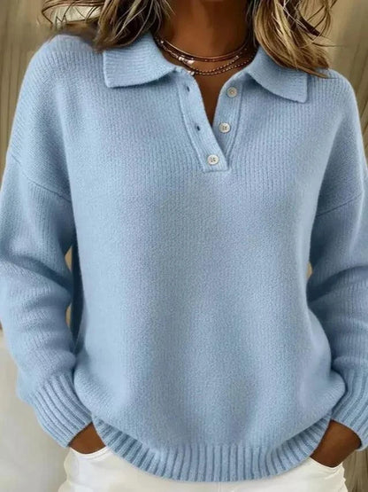 Full Size Button light blue ribbed sweater with collared neckline, dropped shoulders, and button placket