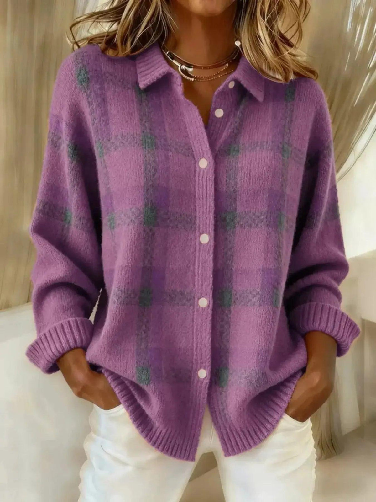 Full Size Plaid Button-Down Knit Cardigan Plus Size Luxe Curves Plus Size Fashion