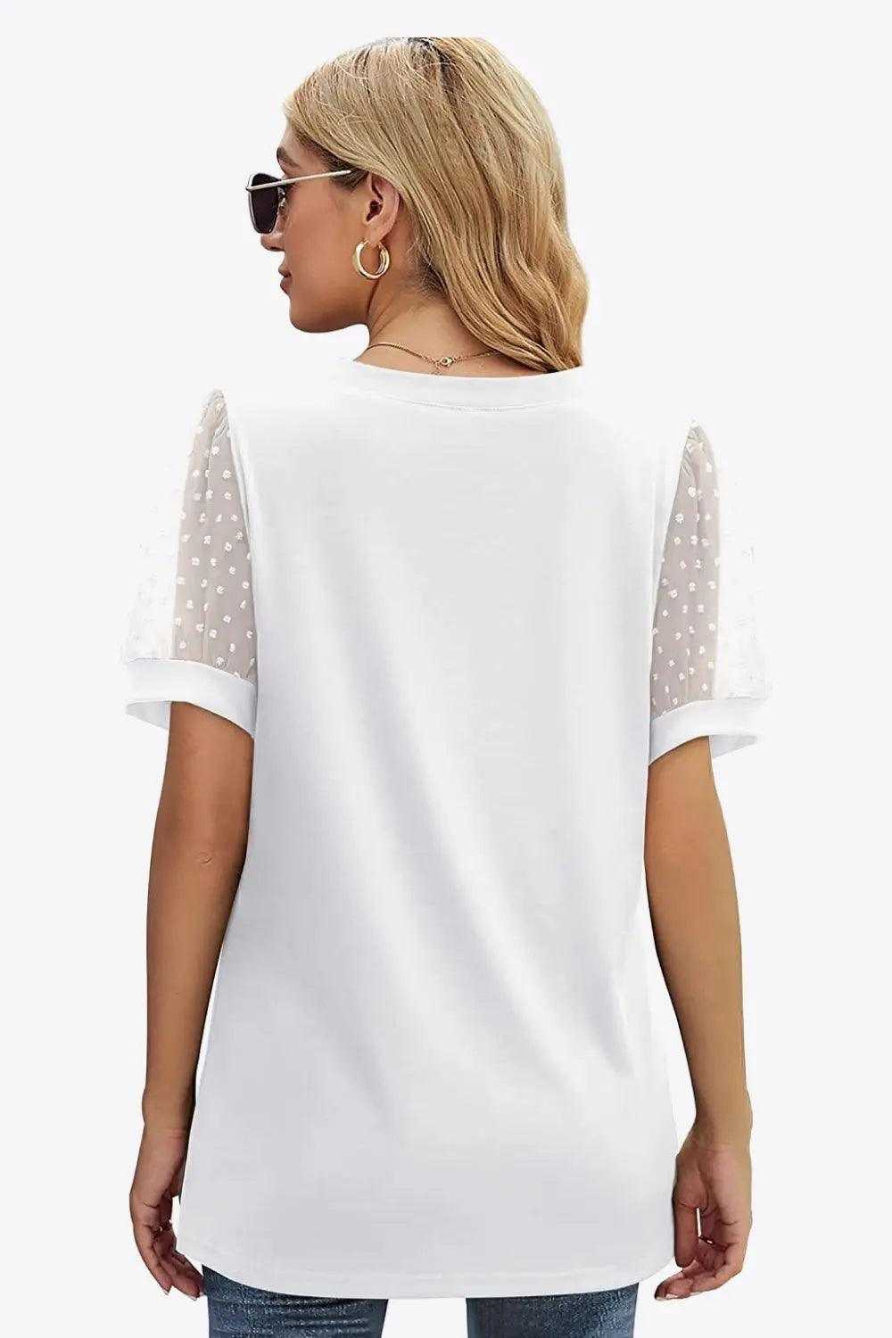 Swiss Dot Puff Sleeve V-Neck Tee Luxe Curves Plus Size Fashion