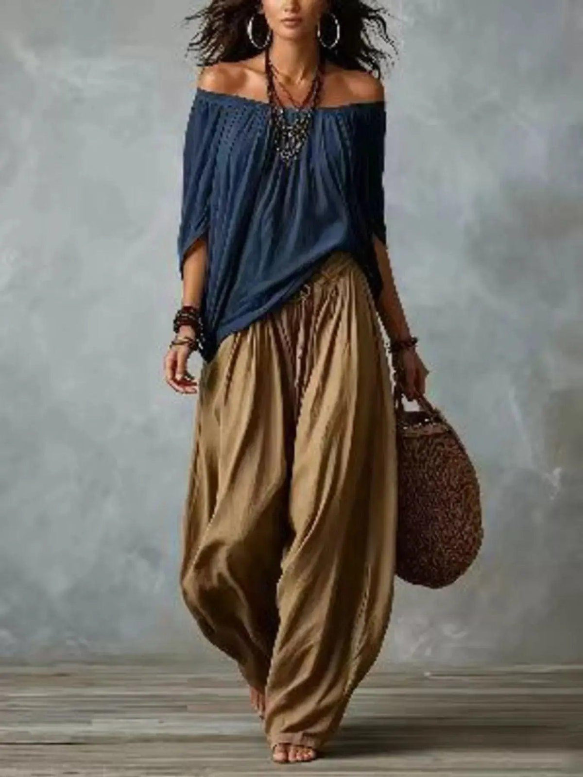 Full Size Off-Shoulder Top and Wide-Leg Harem Pants Set Plus Size Luxe Curves Plus Size Fashion
