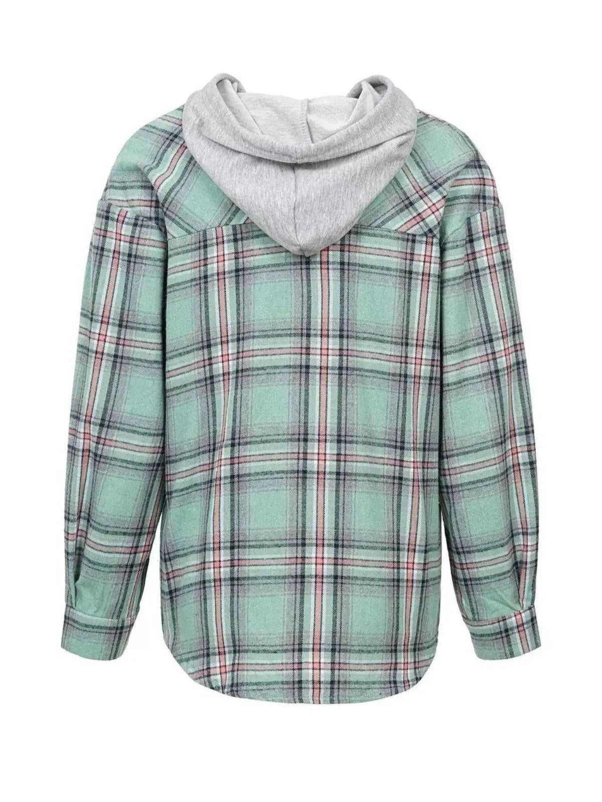 Plaid Button-Up Hooded Shirt with Chest Pocket Luxe Curves Plus Size Fashion