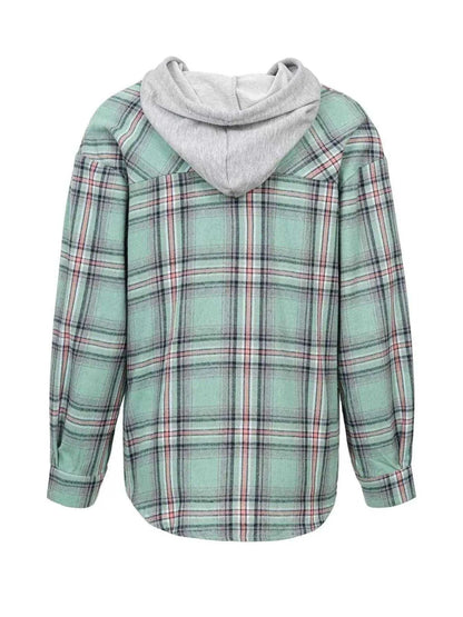 Plaid Button-Up Hooded Shirt with Chest Pocket Luxe Curves Plus Size Fashion