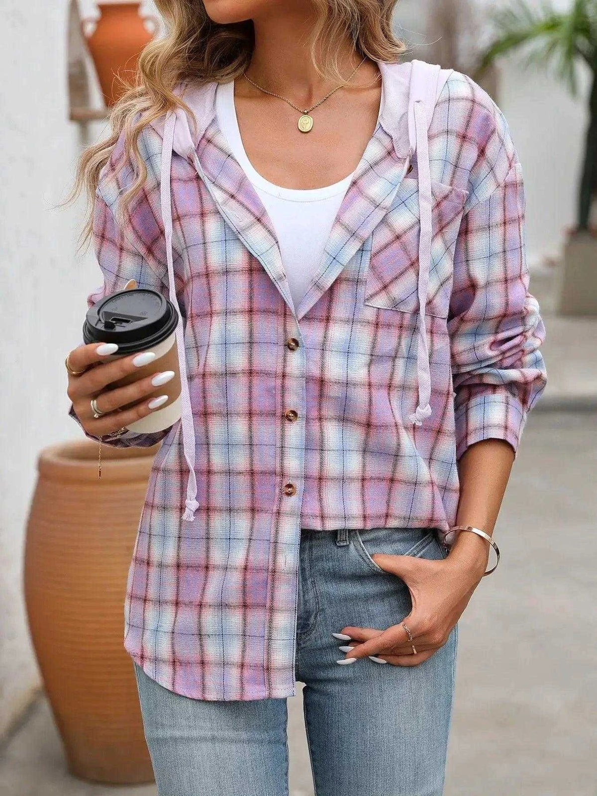 Plaid Button-Up Hooded Shirt with Chest Pocket Luxe Curves Plus Size Fashion