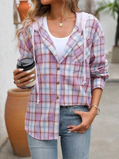 Plaid Button-Up Hooded Shirt with Chest Pocket Luxe Curves Plus Size Fashion