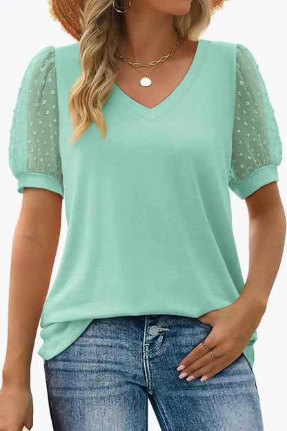 Swiss Dot Puff Sleeve V-Neck Tee Luxe Curves Plus Size Fashion