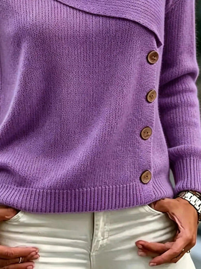 Full Size Asymmetrical Decor Button Sweater Plus Size Luxe Curves Plus Size Fashion