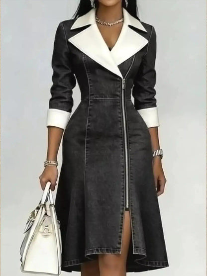 Full Size Contrast Lapel Zip-Front Denim Dress Plus Size Luxe Curves Plus Size Fashion