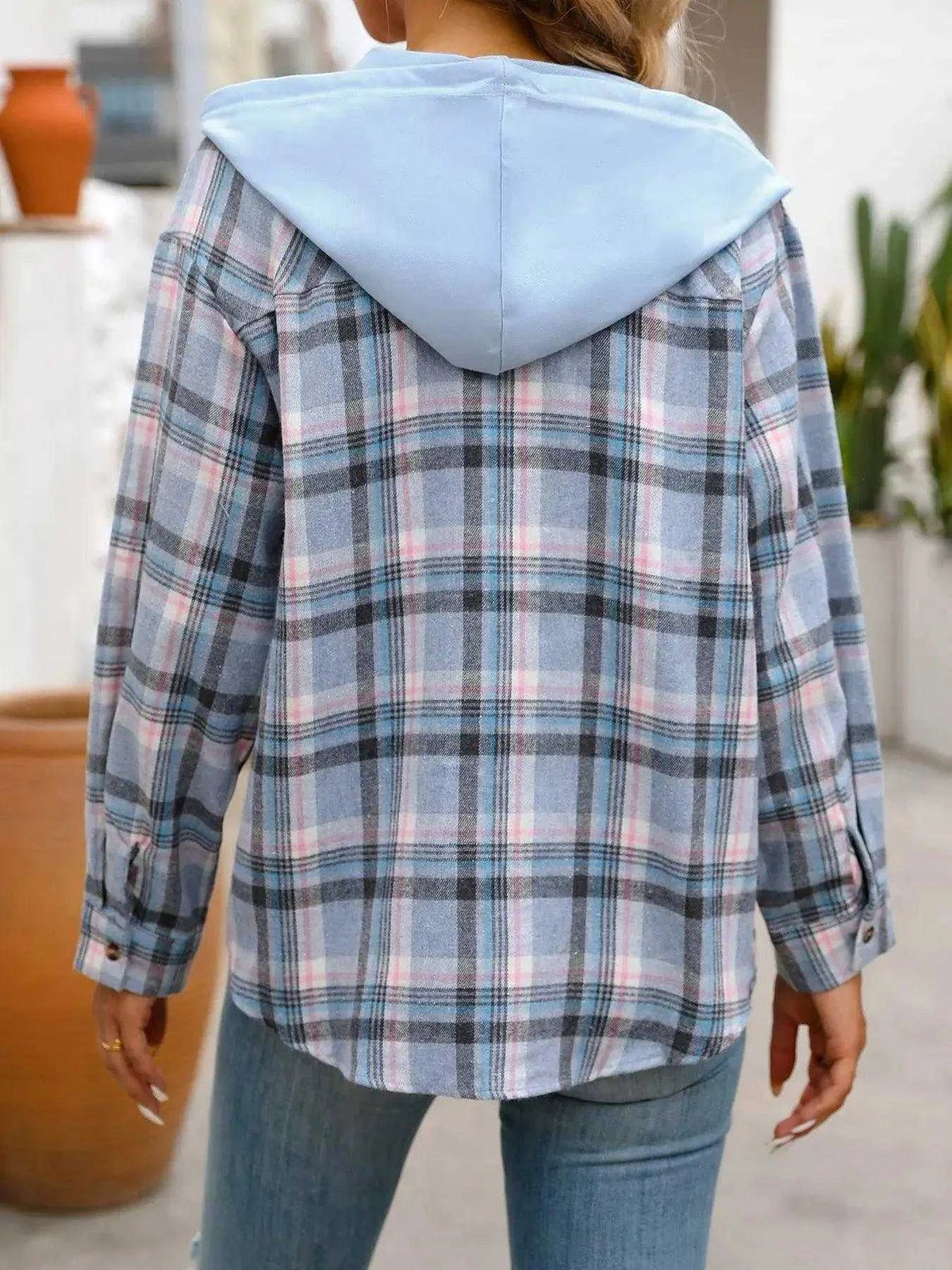 Plaid Button-Up Hooded Shirt with Chest Pocket Luxe Curves Plus Size Fashion