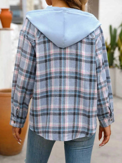 Plaid Button-Up Hooded Shirt with Chest Pocket Luxe Curves Plus Size Fashion