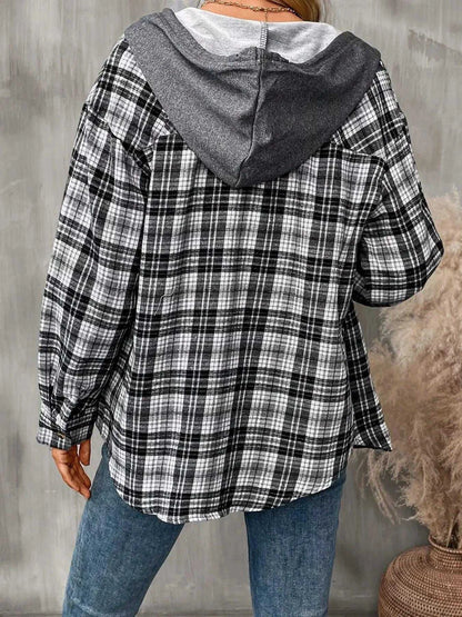 Plaid Button-Up Hooded Shirt with Chest Pocket Luxe Curves Plus Size Fashion