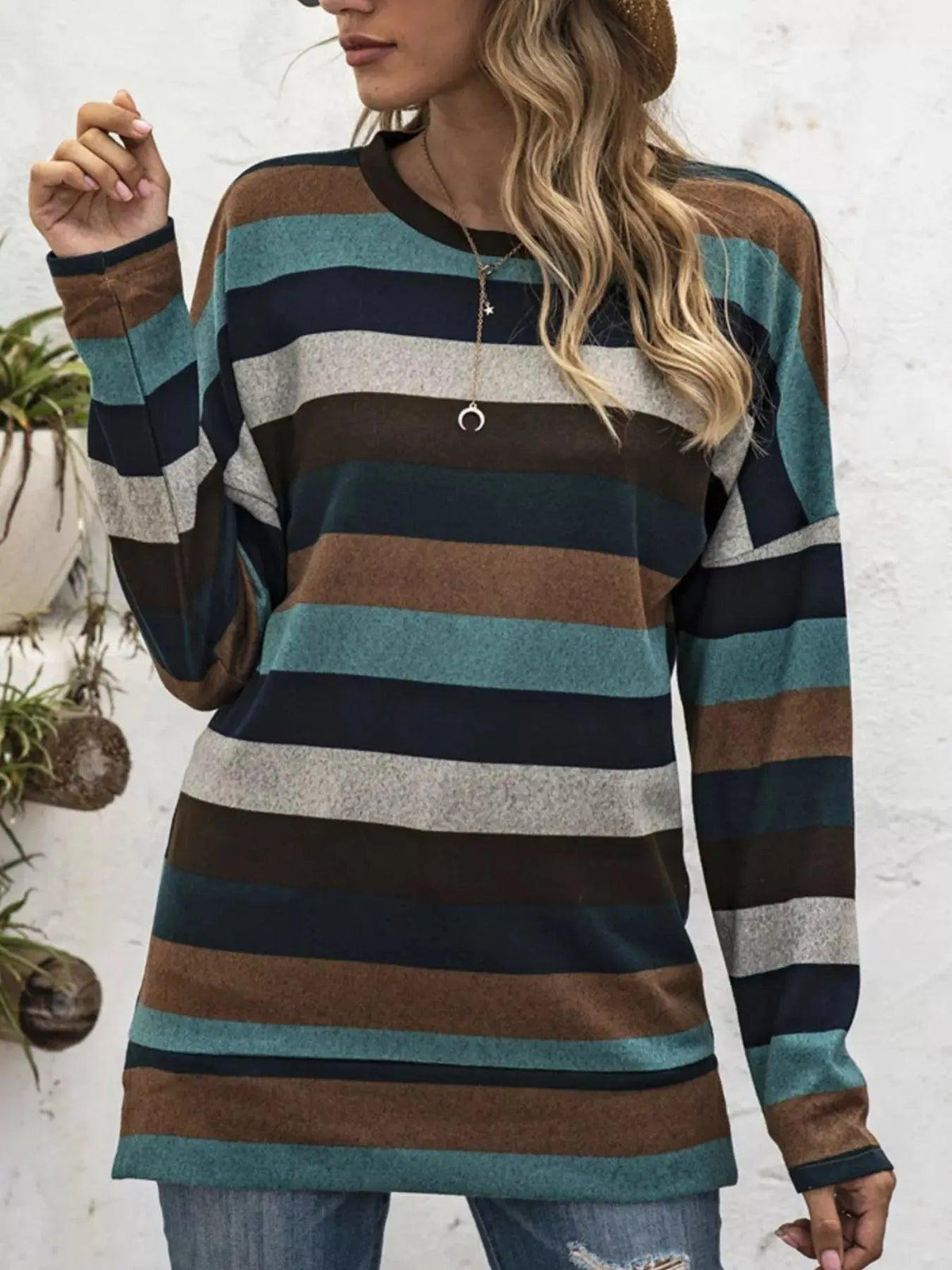 Full Size Casual Striped Long Sleeve Crew Neck Top Plus Size Luxe Curves Plus Size Fashion