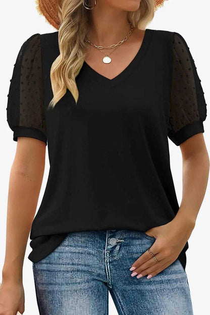 Swiss Dot Puff Sleeve V-Neck Tee Luxe Curves Plus Size Fashion