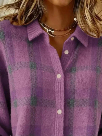 Full Size Plaid Button-Down Knit Cardigan Plus Size Luxe Curves Plus Size Fashion