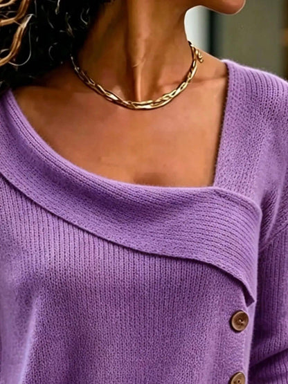 Full Size Asymmetrical Decor Button Sweater Plus Size Luxe Curves Plus Size Fashion