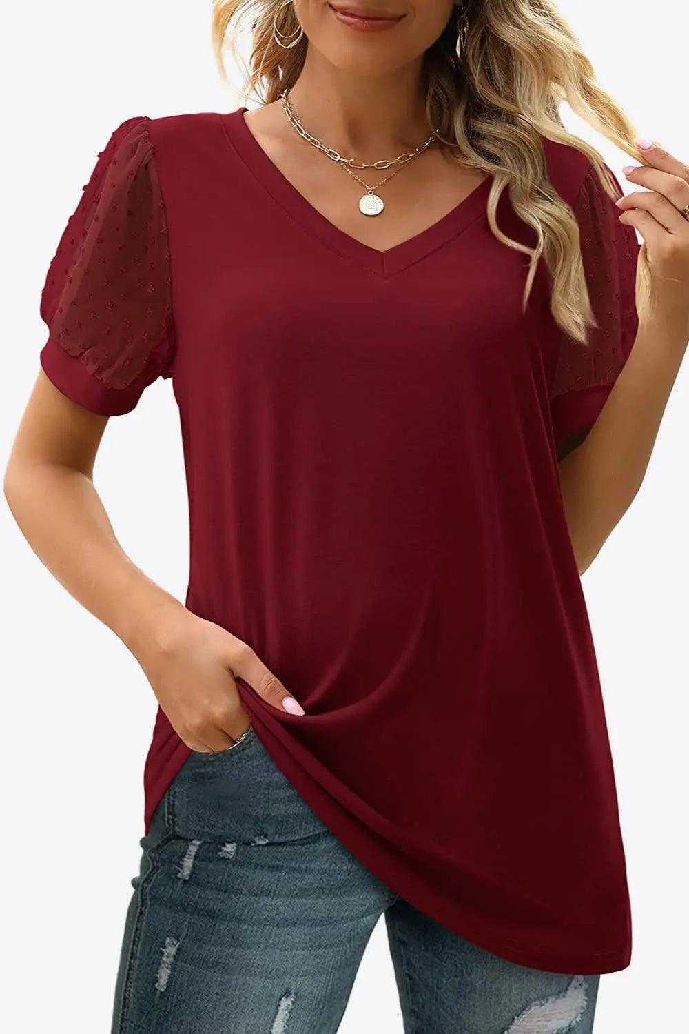 Swiss Dot Puff Sleeve V-Neck Tee Luxe Curves Plus Size Fashion