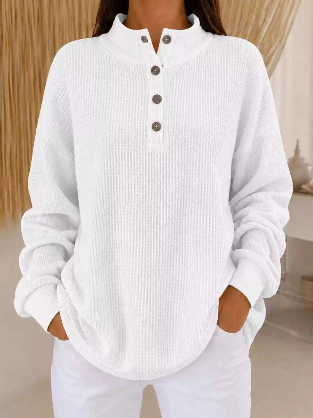 Full Size Waffle Knit Button Detail Sweatshirt Plus Size Luxe Curves Plus Size Fashion