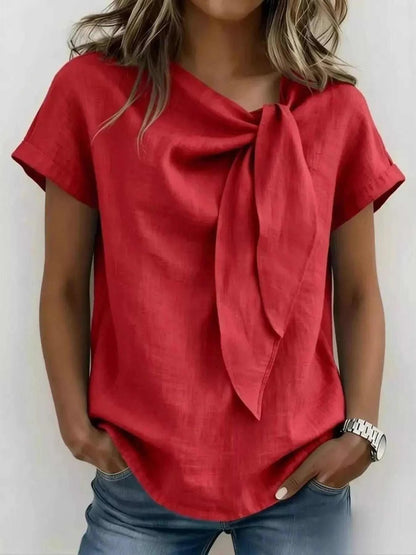 Full Size Bow Tie Neck Short Sleeve Blouse Plus Size Luxe Curves Plus Size Fashion