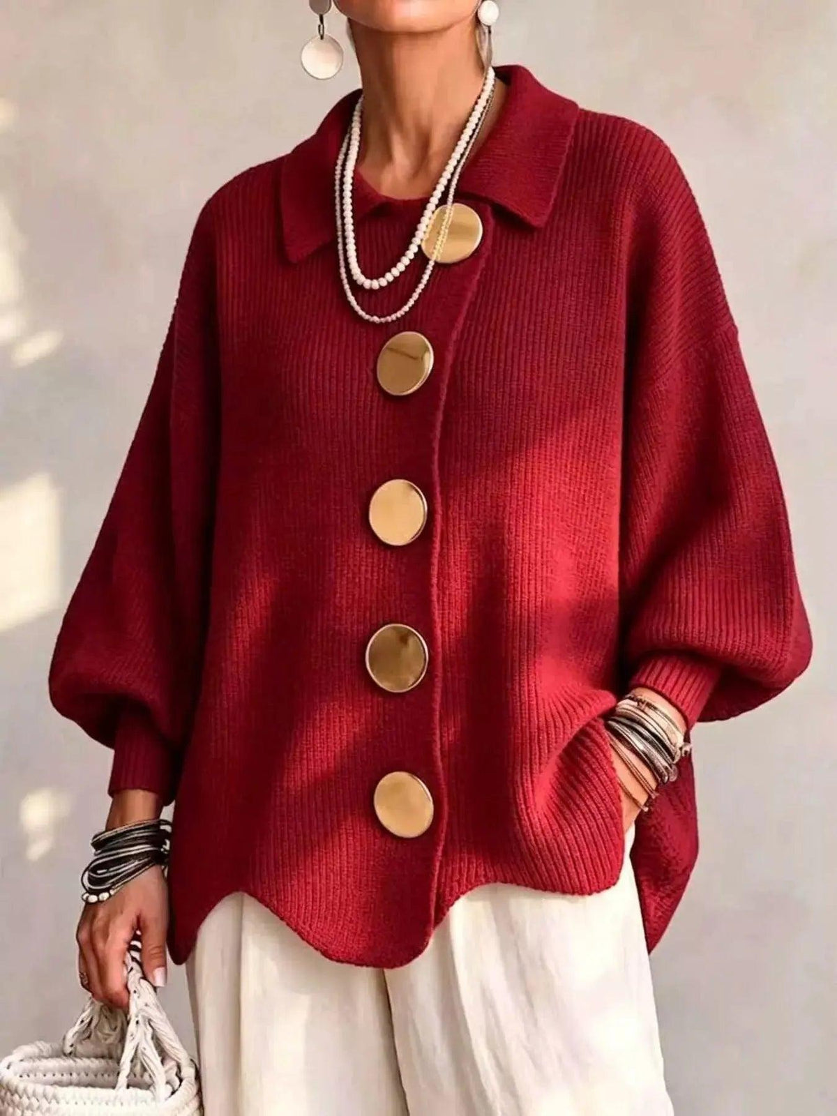 Full Size Gold Buttons Lantern Sleeve Cardigan Plus Size Luxe Curves Plus Size Fashion