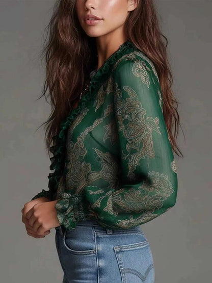 Full Size Paisley Print Ruffle Trim Zip-Front Blouse Plus Size Luxe Curves Plus Size Fashion